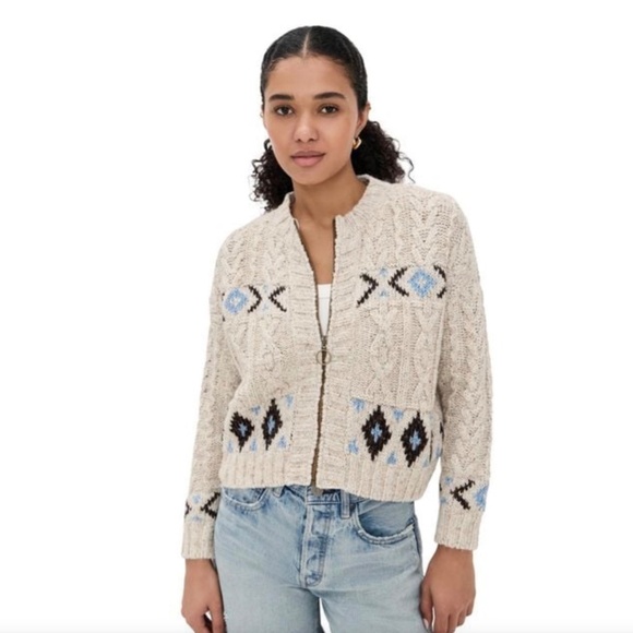 THE GREAT. Beige and Blue Patterned Cardigan